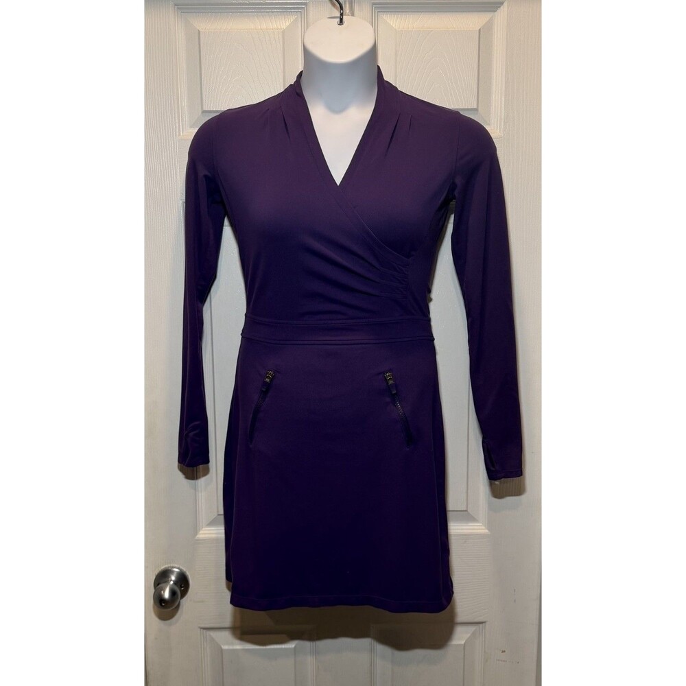 Athleta Suedy Lady Dress Purple XS Faux Wrap Long Sleeve Thumbhole Travel Pocket